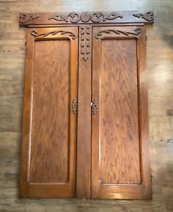 Antique Walnut w Ornate Appliqué 58" Doors + Striker + Crest (nice for built in) - Picture 1 of 19