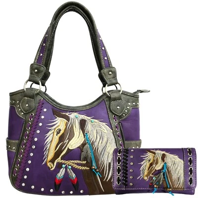 Mujeres Púrpura Western Country Dakota Caballo Poni Oculto Bolso Cartera Monedero Conjunto Foto 1 de 4