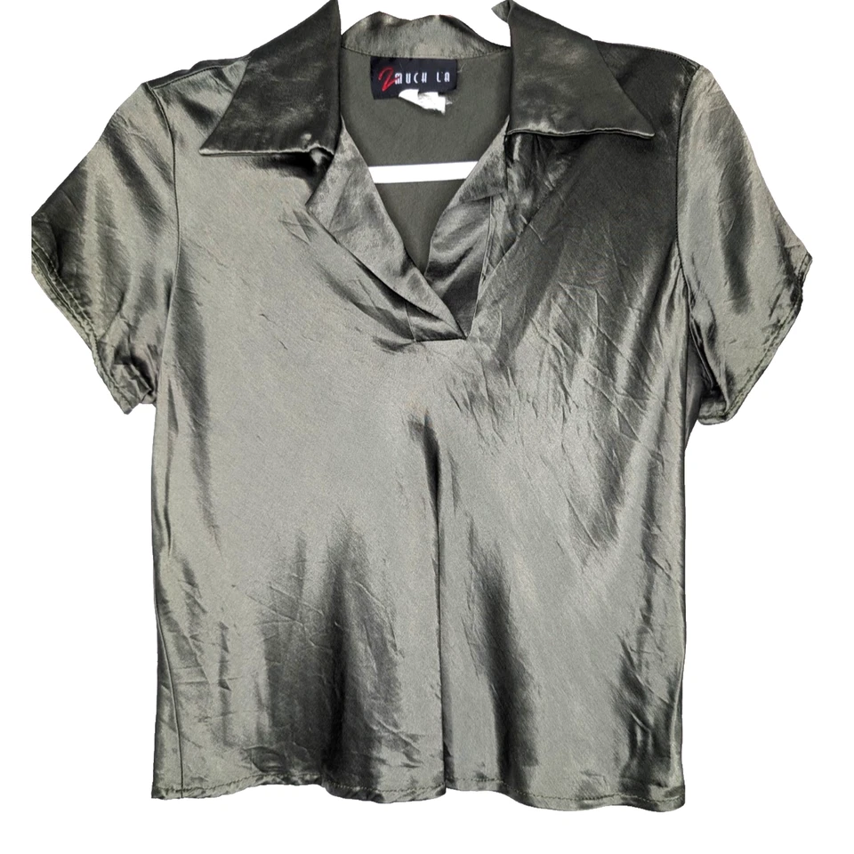 Rare VTG 90s Y2K Sage Green Satin Twee Forest Fairy Grunge Collared Top Large - Image 1 of 4