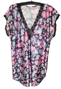 1980s Satin Black & Bright Floral Lace Trim LG Nightgown Sleep Nighty V Neck  - Picture 1 of 10