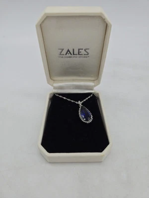 10KT White Gold Genuine Teardrop  Sapphire & Diamond Halo Drop Pendant Necklace - Image 1 of 4
