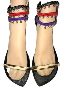 Giuseppe Zanotti Pony-hair Strap Colored Ankle Charm Strap Flat Sandals SZ 42 - Picture 1 of 9