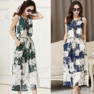 Vintage Women Cotton Linen Tunic Summer Blouson Long Casual Maxi Dress Plus Size - Picture 1 of 15