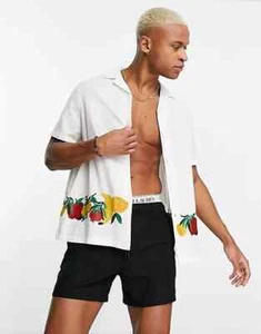 ASOS DESIGN relaxed revere linen mix shirt with fruit embroidered border LARGE - Picture 1 of 1