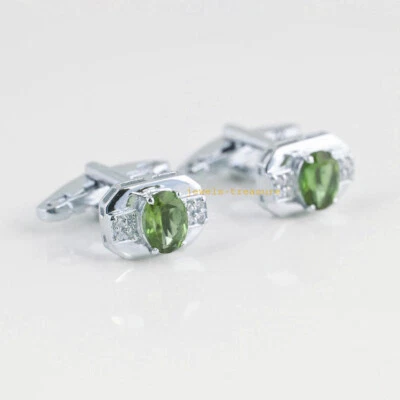 Gemas de peridoto natural y circonita cúbica con gemelos de plata de ley 925 para hombre #48 Foto 1 de 3