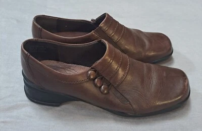 Clarks Mujer Zapatos 8.5M Marrón Informal Cuero Sin Cordones Botón Cuña Mocasines 74196 Foto 1 de 4