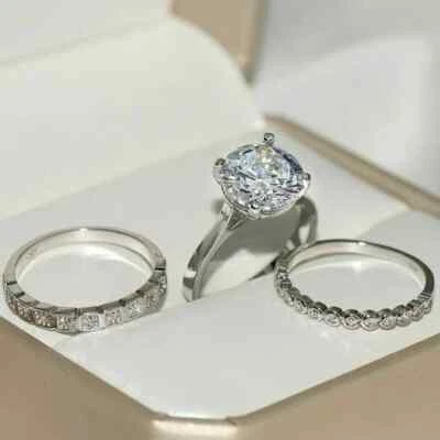 Trio Lab Created Diamond Engagement Ring Wedding Band Set 14K White Gold Fn - Image 1 of 4