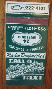 TAXI CAB: HOLLYBURN TAXI (WEST VANCOUVER, BRITISH COLUMBIA) (MATCHBOOK) -F24 - Picture 1 of 1