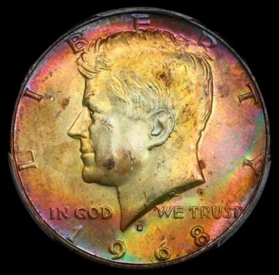 Medio dólar Kennedy 1968 D 50C plata graduación profesional MS64 tono arco iris color neón tonificación Foto 1 de 4