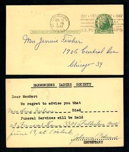 PH10v Advt. Harmonies Ladies Society, Chi. Handstempel ADLER 100 Jahre 1847-1947 - Bild 1 von 2