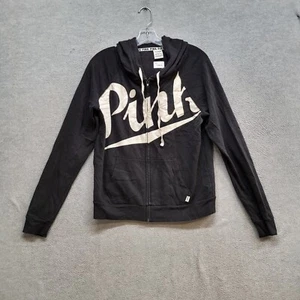 PINK Victoria's Secret Women Sweatshirt Black Medium Hoodie Logo Spellout - Picture 1 of 9