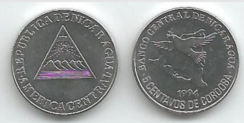🔥100 LOT🔥NICARAGUA 5 CENTAVOS 1994 UNC BIRD ,NATIONAL EMBLEM. CHROMIUM PLATED Cover
