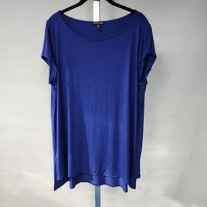Eileen Fisher Blue Tunic Top XL Cap Sleeve Stretch Jersey Hi-Low Hem Draped - Picture 1 of 5