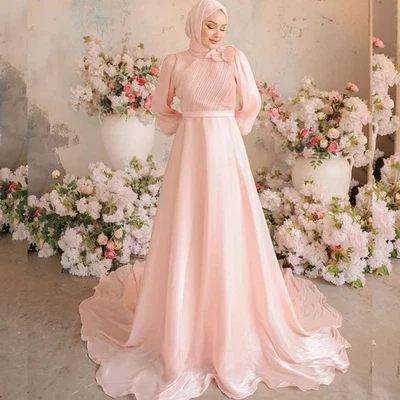 Pink Wedding Dresses Bride High Neck Long Sleeve A-Line Flower Pleat Arabic - Image 1 of 4