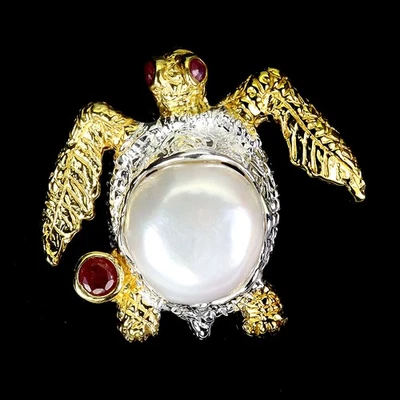 Black Friday 925 Sterling Silver Pendant Round Ruby Myanmar 3mm Pearl Turtle - Image 1 of 4