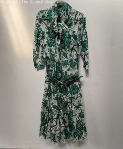 Samantha Sung Aster Villeneuve Women's Green Bird Floral Belted Dress With Scarf - Picture 1 of 8