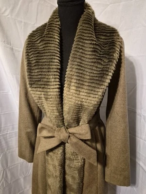 Ellen Tracy шерстяная смесь пальто размер 4 серо-коричневый искусственного меха отделки подпоясанный карманы читать - Изображение 1 из 4