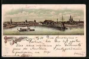 Lithographie Konstanz, Ortsansicht vom Wasser aus, Dampfer 1900  - Picture 1 of 2