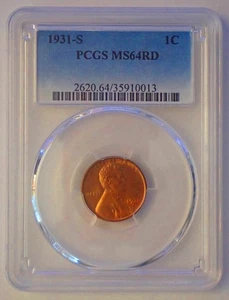 🔥 🔥 1931-S Lincoln Wheat Cent - 1c PCGS MS64 RD - Red - Great Coin and Case ! - Picture 1 of 3
