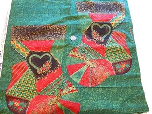 CHRISTMAS COTTON FABRIC - PATCHWORK STOCKINGS WITH GOLD ON GREEN - Picture 1 of 1