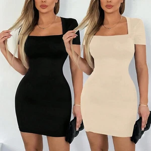 Women Sexy Bodycon Short Sleeve Square Neck Birthday Party Stretchy Mini Dress - Picture 1 of 15