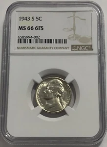 1943 S NGC MS66 6FS SILVER JEFFERSON NICKEL 5C MINT STATE COIN SIX FULL STEPS - Picture 1 of 3