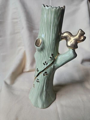 Jarrón tronco árbol Usona #10 verde como nuevo con ardilla y enredaderas de oro 22K años 50 Foto 1 de 4