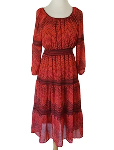Fig & Flower Bauernkleid Gr. M orange rot gesmokt Stufen transparent Anthropologie - Bild 1 von 7