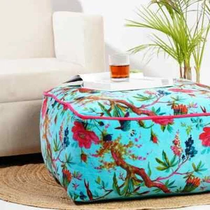 Turquoise Bird Printed Velvet Square Ottoman Cover Throw Big Size Ottoman Cover - Picture 1 of 5