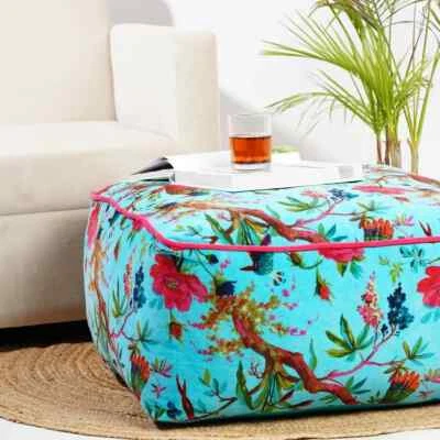 Turquoise Bird Printed Velvet Square Ottoman Cover Throw Big Size Ottoman Cover - Image 1 of 4