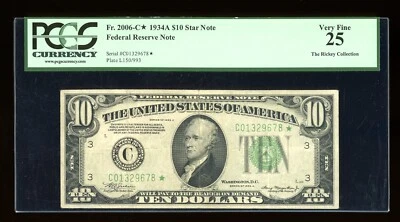 DBR 1934-A $10 Philadelphia STAR Fr. 2006-C* PCGS 25 Serial C01329678* - Image 1 of 2