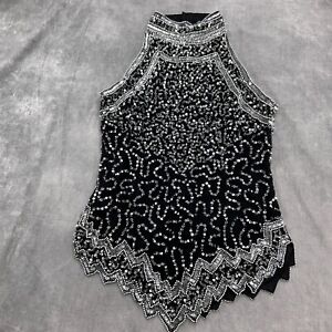 Laurence Kazar Top Women Petite Small Black Silver Embellished Silk Formal VTG