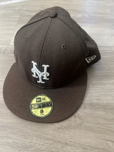 Vintage 2000s Y2K New York Mets New Era Brown 100% Wool Fitted Hat Size 8 USA - Picture 1 of 7