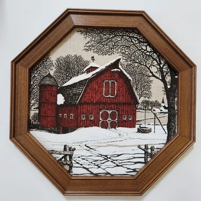 Vintage KAY DEE HandPrints 100% Pure Linen Framed Bridge Winter Scene 16"x16" - Image 1 of 4
