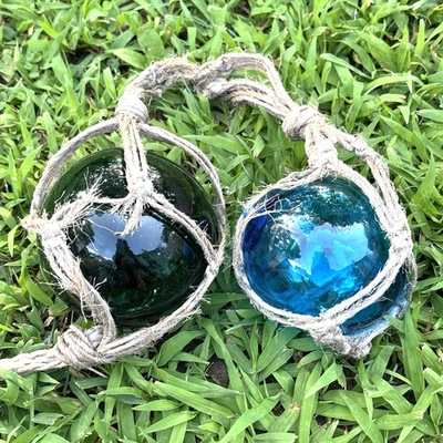 2 Vintage Netted Japanese Glass Fishing Buoys Floats Balls 3" - 3.5" Blue Green - Image 1 of 4