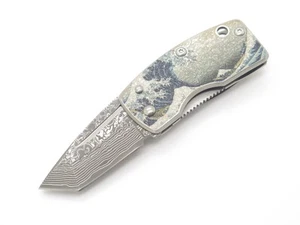 Coltello pieghevole fermasoldi G. Sakai Seki Japan Ukimon Great Wave Damasco Tanto - Foto 1 di 7
