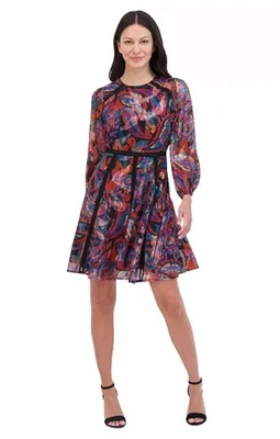 Vince Camuto Women’s Metallic Paisley-Print Lace-Trim Dress Size 12 Petite  - Image 1 of 4