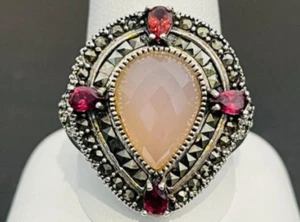 ANILLO GRANDE FORMA PERA CUARZO ROSA MARCUSITA Y GRANATE IMPRESIONANTE TAMAÑO 6 ESTRELLAS NF925 - Imagen 1 de 4