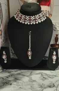 Neu Indisch Asiatisch Silber Rosa Halsband Halskette Tikka Ohrringe Schmuck Set.-d77 - Bild 1 von 2