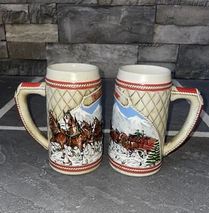Set of 2 Vtg 1985 Holiday Collector's A Series Budweiser Beer Stein Clydesdales  - Picture 1 of 7