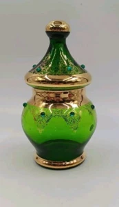 Green Emerald with Gold Gilt Hand Blown Glass Apothecary Vanity Lidded Jar Italy - Picture 1 of 14