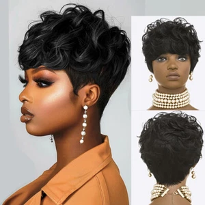 Women's Short Black Curly Pixie Wigs Natural Wavy Synthetic Lace Bob Hair Wigs - Picture 1 of 14