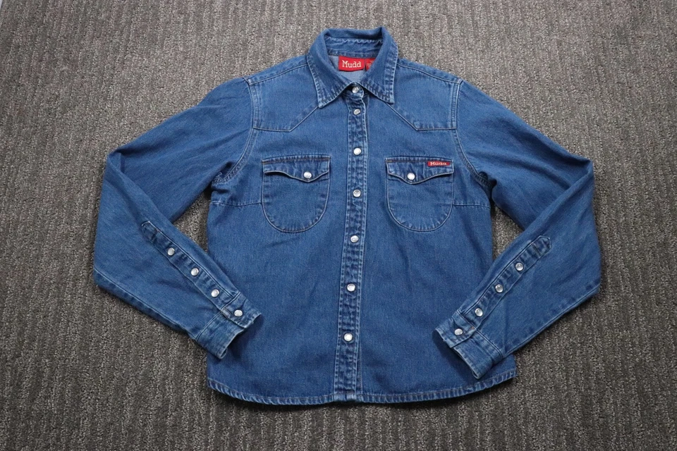 Camisa Mudd Vintage Y2K Pérola Snap Yoke Top Denim Manga Longa Azul Feminina P - Imagem 1 de 4