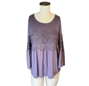 Spence Y2K Boho Paisley Lace Bell Sleeve Lilac Purple Lightweight Flowy Top Sz M - Picture 1 of 10