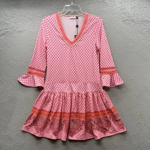 Cabana Life NWT Pink Coral Geometric V Neck 3/4 Bell Sleeve Tunic Dress Tiered S - Picture 1 of 16