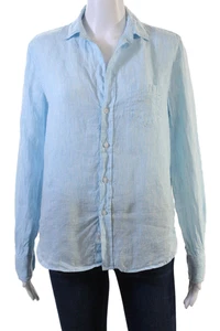 Frank & Eileen Womens Linen Striped Print Buttoned-Up Top Blue Size 2XS - Picture 1 of 6