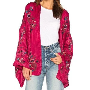Free People Ariel Satin Embroidered Beaded Kimono Size M/L Raspberry Red Boho - Picture 1 of 12