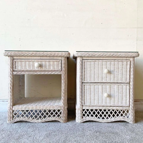1990s Boho Chic White Wicker Glass Top Nightstands - Set of 2 Cover