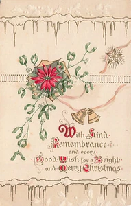 LOVELY VINTAGE CHRISTMAS ART NOUVEAU POSTCARD ICICLES POINSETTIA EMBOSSED 120622 - Picture 1 of 2