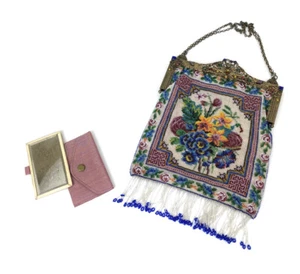 Antique European Beaded Bag – Gilt Metal Frame with Glass Decorations - Picture 1 of 9